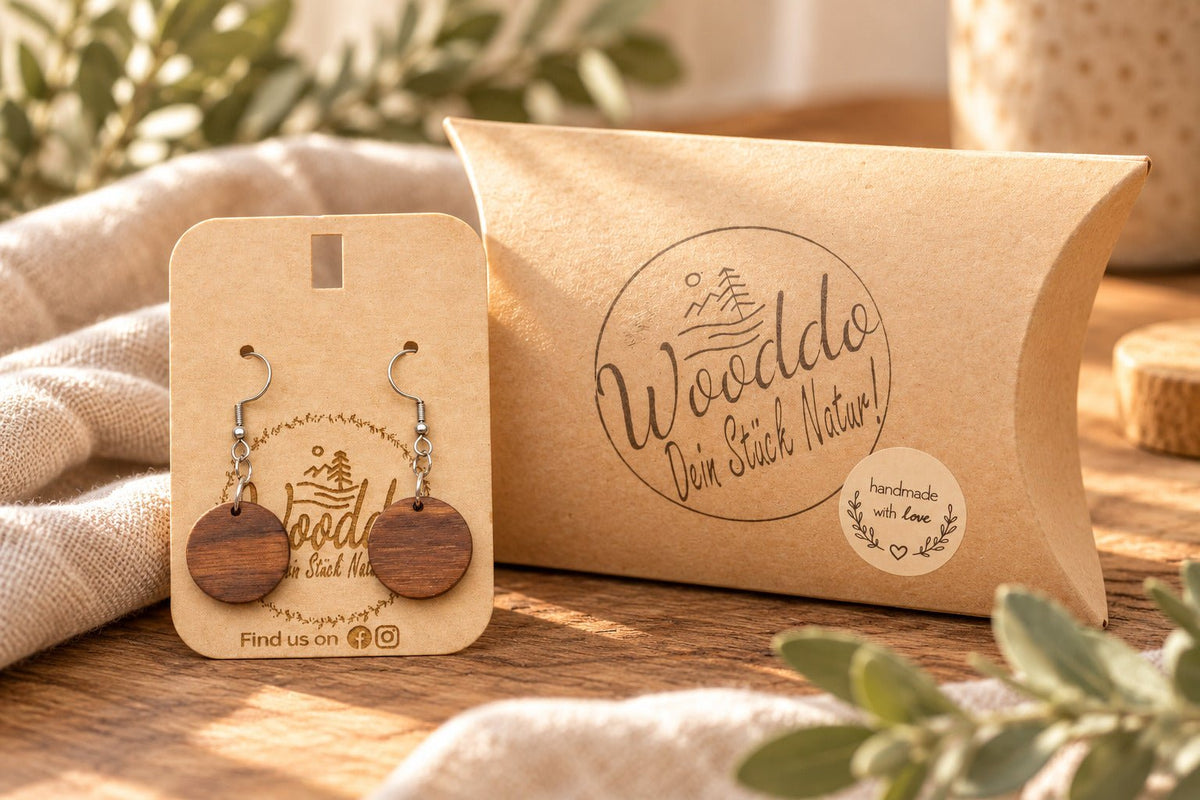 Hängeohrringe Dot aus Nussholz mit Wooddo-Schmuckschachtel