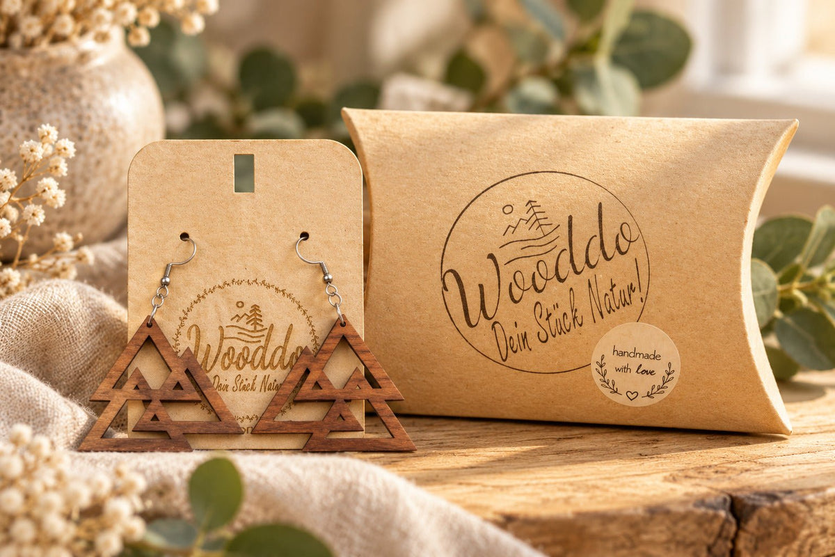 Hängeohrringe Mountain Peaks aus Nussholz mit Wooddo-Schmuckschachtel