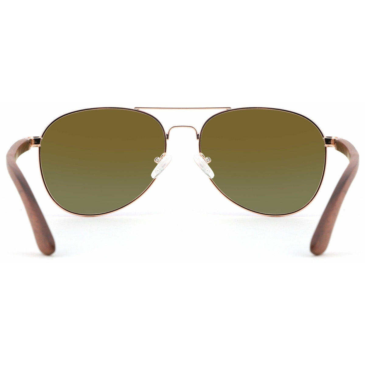 Holz-Sonnenbrille Apollo Red mit Sandelholz-Bügeln, rosegoldener Fassung und blau verspiegelten Gläsern, von hinten mit geöffneten Holzbügeln
