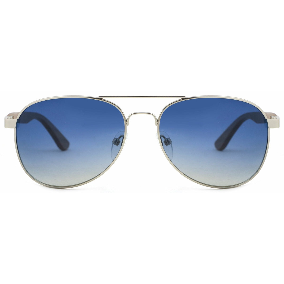 Holz-Sonnenbrille Apollo Silver mit Wengeholz-Bügeln, silberfarbener Fassung und blauen Gläsern, Vorderansicht