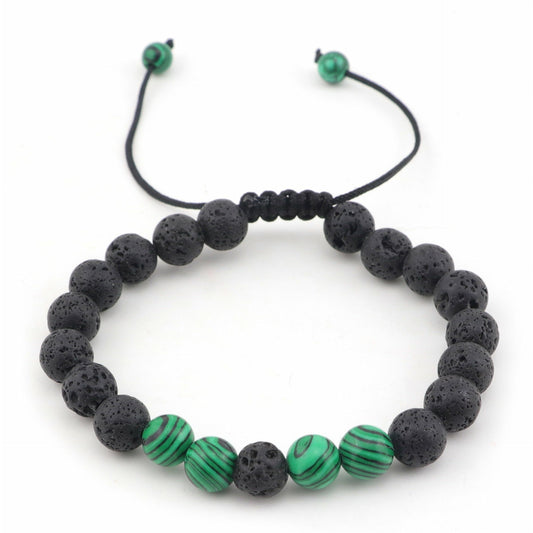Armband Green Freak aus schwarzen Lavaperlen und grün gemusterten Malachitperlen mit verstellbarem Band