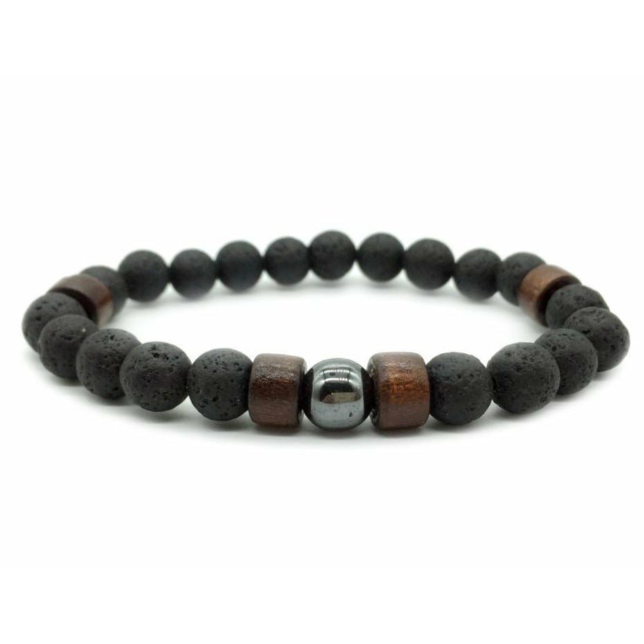 Holz-Lavastein-Armband mit schwarzen Lavaperlen, braunen Holzperlen und silberfarbenem Edelstahl-Detail