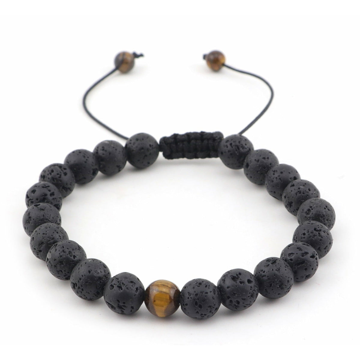 Armband Tigereye aus schwarzen Lavaperlen mit braunen Tigerauge-Akzenten und verstellbarem Band