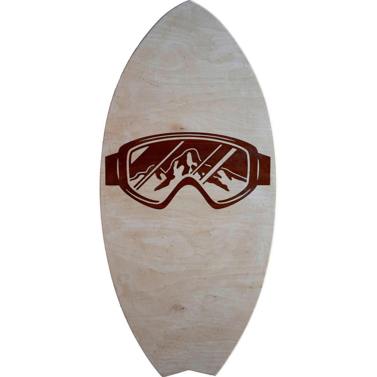 Balance Board Freerider aus Holz mit Skibrillenmotiv mit Bergen als dunklem Inlay auf der Oberseite