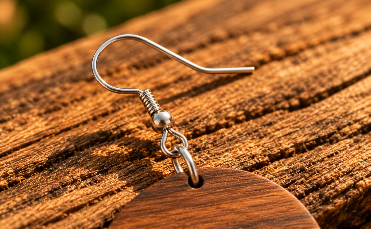 Geschwungener Edelstahlhaken eines Hängeohrrings aus Holz mit kleiner Wicklung und Verbindung zum Holzanhänger auf einer Holzoberfläche