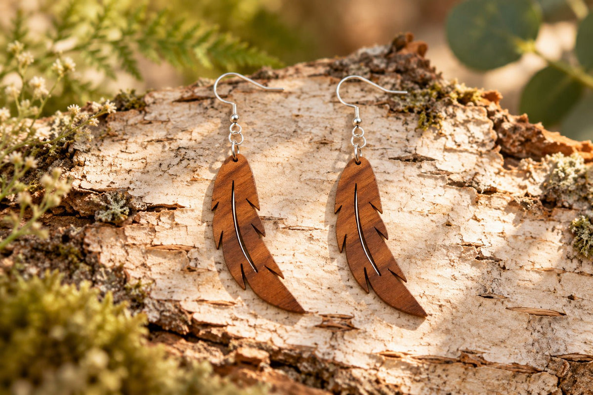 Hängende Holzohrringe Feather mit Federmotiv auf Baumrinde