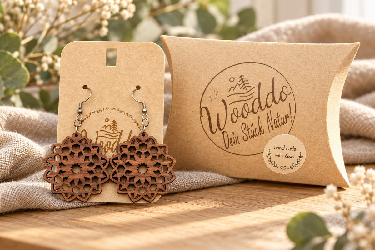Hängeohrringe Mandala Flower aus Nussholz mit Wooddo-Schmuckschachtel