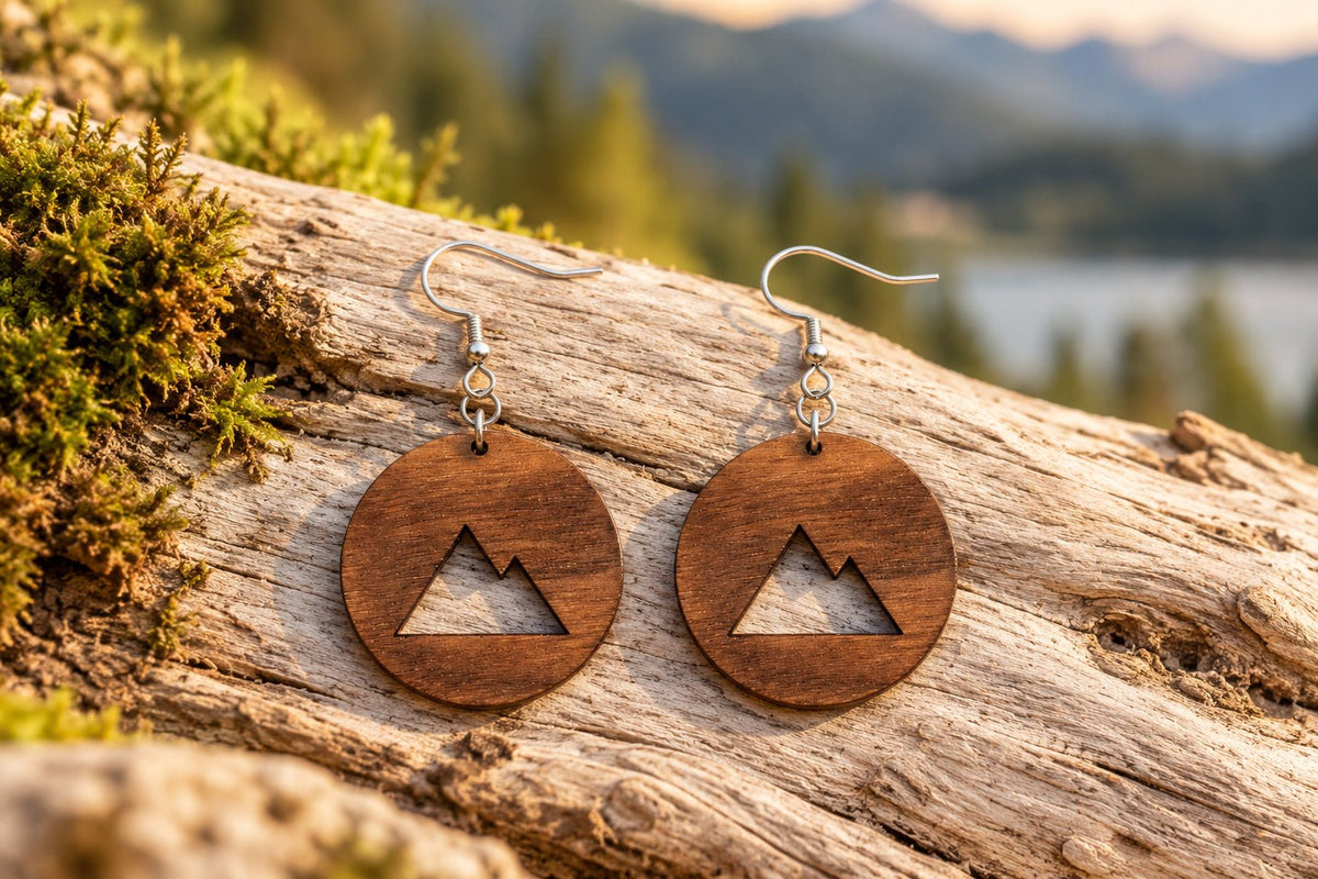Hängende Holzohrringe Mountaingirl mit Bergmotiv auf einem Holzstamm