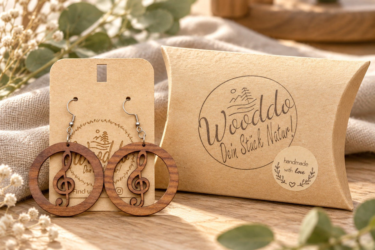 Hängeohrringe Music aus Nussholz mit Wooddo-Schmuckschachtel