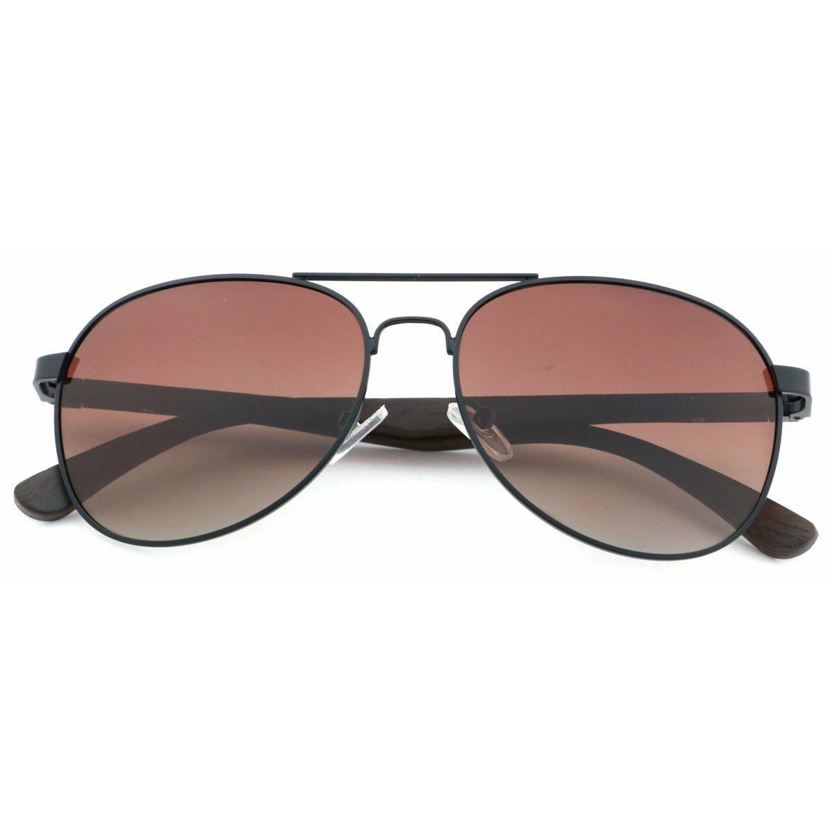Holz-Sonnenbrille Apollo Black mit Ebenholz-Bügeln, schwarzer Fassung und braunen Gläsern, mit zusammengeklappten Holzbügeln