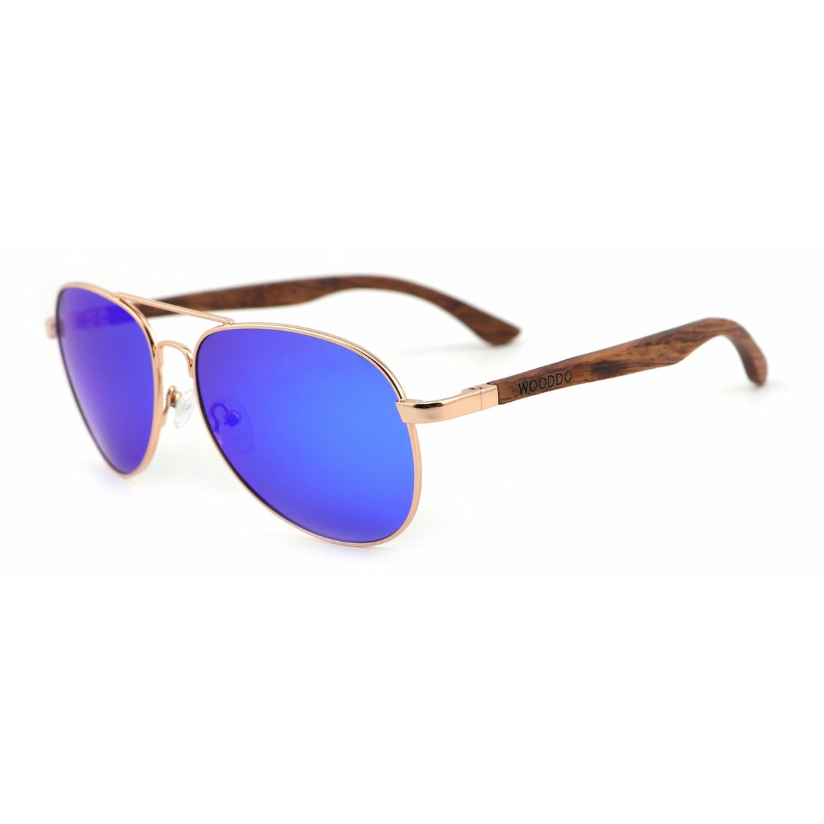 Holz-Sonnenbrille Apollo Red mit Sandelholz-Bügeln, rosegoldener Fassung und blau verspiegelten Gläsern, schräg von vorne