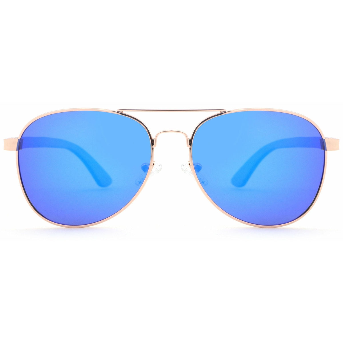 Holz-Sonnenbrille Apollo Red mit Sandelholz-Bügeln, rosegoldener Fassung und blau verspiegelten Gläsern, Vorderansicht