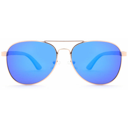 Holz-Sonnenbrille Apollo Red mit Sandelholz-Bügeln, rosegoldener Fassung und blau verspiegelten Gläsern, Vorderansicht