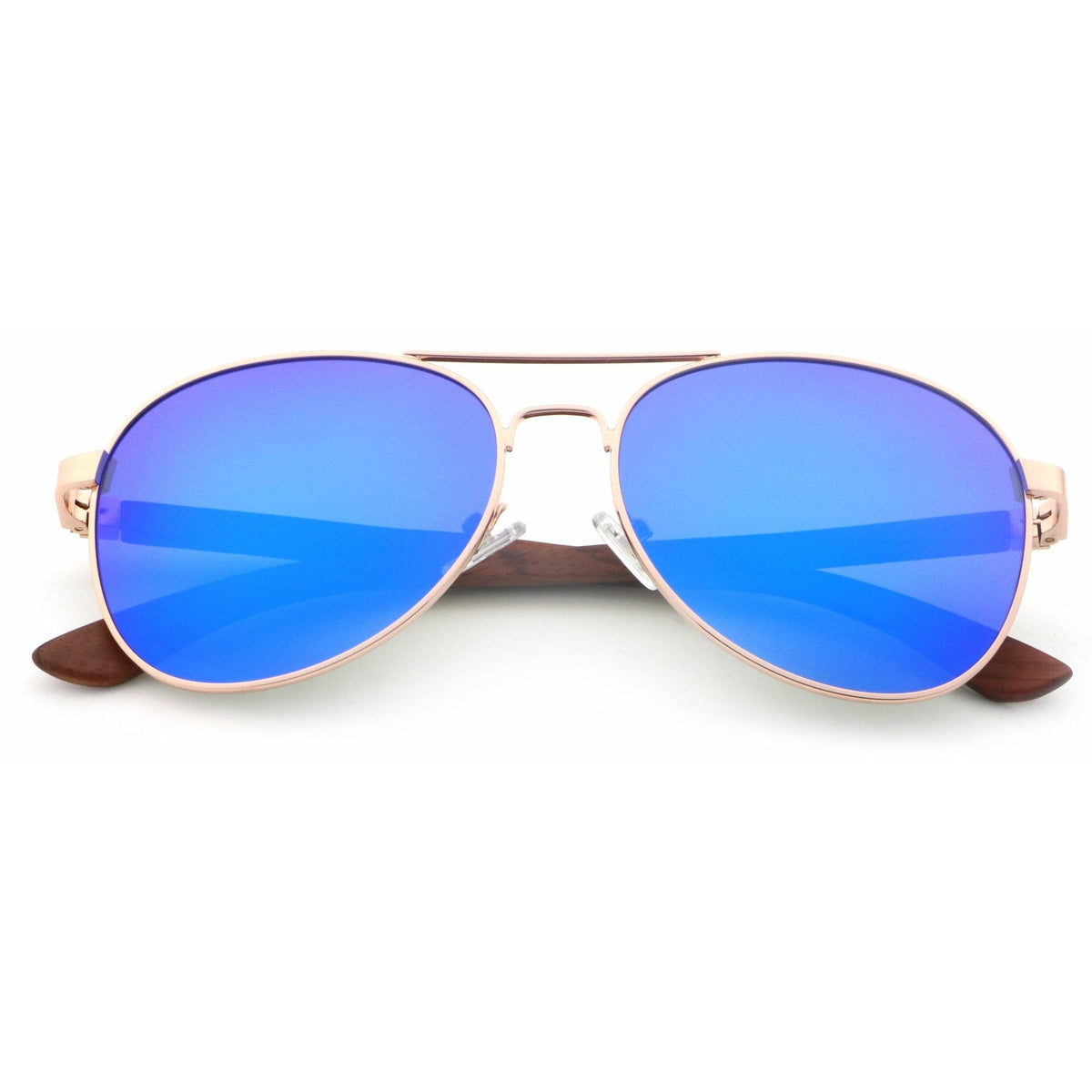 Holz-Sonnenbrille Apollo Red mit Sandelholz-Bügeln, rosegoldener Fassung und blau verspiegelten Gläsern, mit zusammengeklappten Holzbügeln