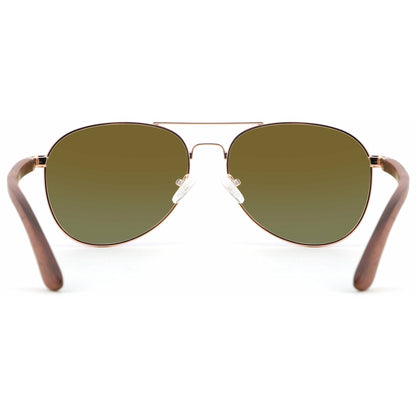 Holz-Sonnenbrille Apollo Red mit Sandelholz-Bügeln, rosegoldener Fassung und blau verspiegelten Gläsern, von hinten mit geöffneten Holzbügeln