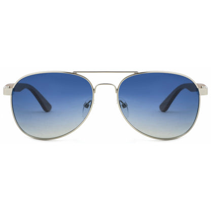 Holz-Sonnenbrille Apollo Silver mit Wengeholz-Bügeln, silberfarbener Fassung und blauen Gläsern, Vorderansicht