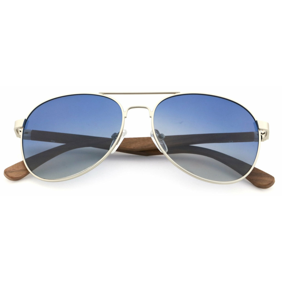 Holz-Sonnenbrille Apollo Silver mit Wengeholz-Bügeln, silberfarbener Fassung und blauen Gläsern, mit zusammengeklappten Holzbügeln
