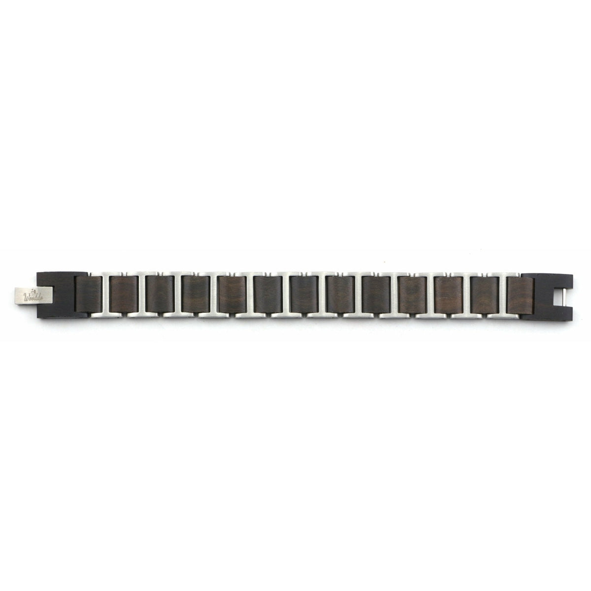 Holzarmband Black Shadow flach ausgelegt mit Ebenholz-Gliedern und Edelstahlverschluss