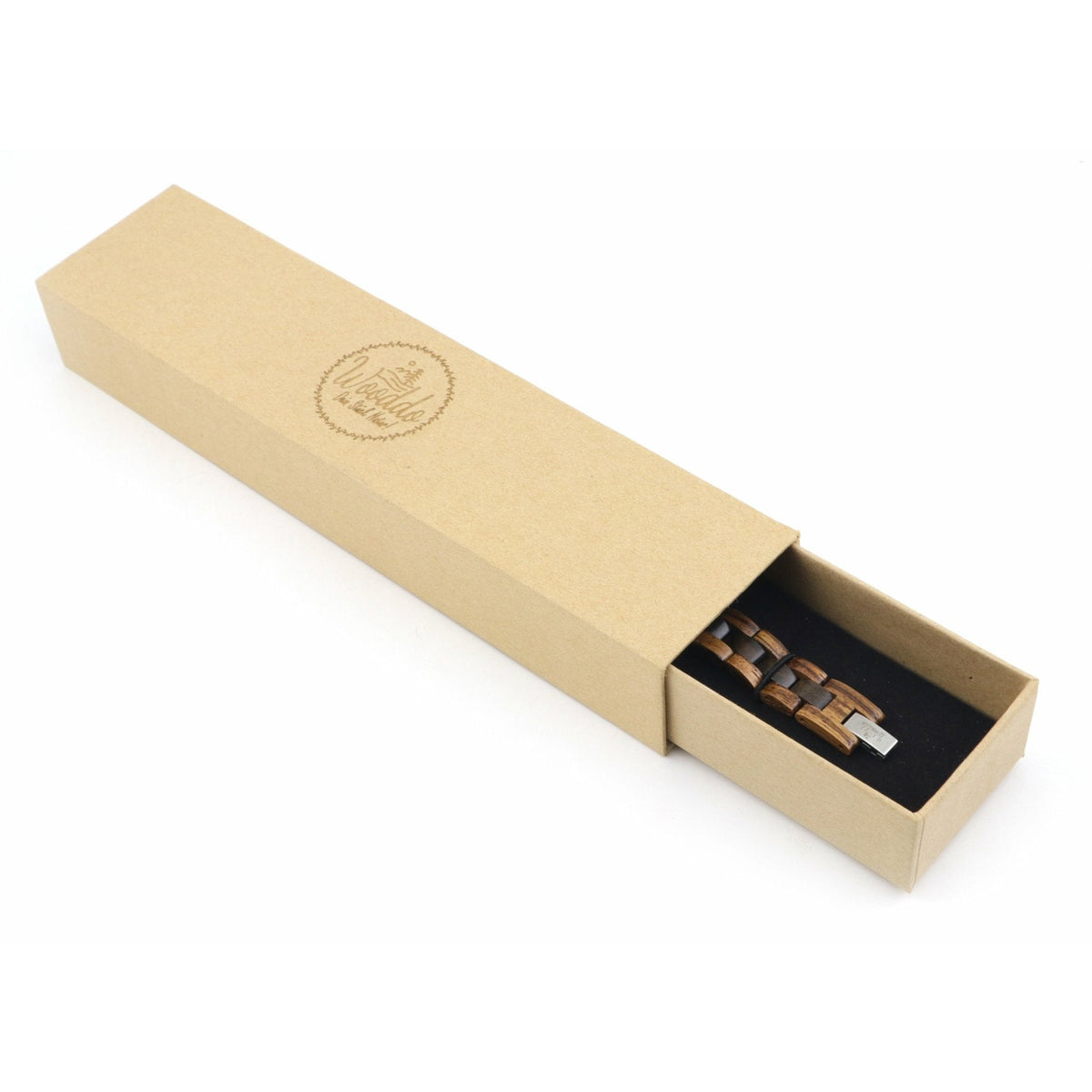 Holzarmband Elegance in der geöffneten Wooddo-Geschenkverpackung