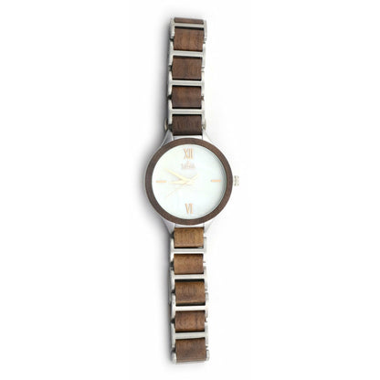 Holzuhr Fancy mit vollständig ausgelegtem Armband aus Walnussholz und Edelstahl