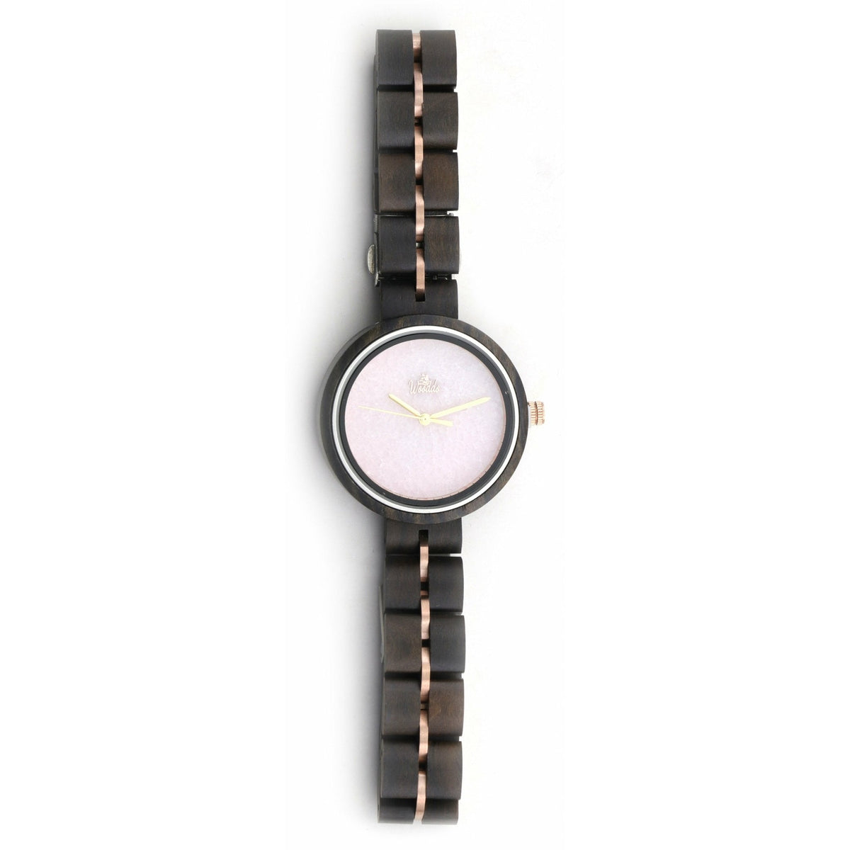 Holzuhr Rosalie mit vollständig ausgelegtem Armband aus Ebenholz und Edelstahl in Roségold