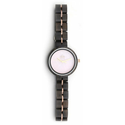 Holzuhr Rosalie mit vollständig ausgelegtem Armband aus Ebenholz und Edelstahl in Roségold